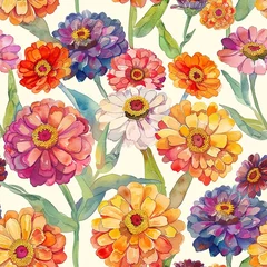 Fotobehang Petite watercolor zinnias, seamless pattern, joyful light hues. Seamless Pattern, Fabric Pattern,  Tumbler Wrap, Mug Wrap. © Thanthara