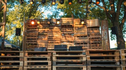An outdoor concert venue with a stage constructed entirely from wooden pallets. The stage is powered by biogas powering the lights and sound for the performance while also promoting . - obrazy, fototapety, plakaty