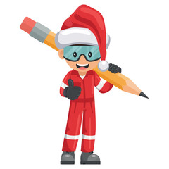Industrial mechanic worker with Santa Claus hat with giant pencil with thumb up. Creative concept for project management. Merry christmas. Industrial safety and occupational health at work