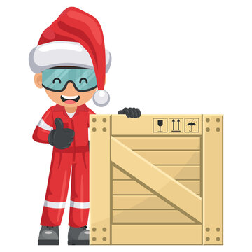 Industrial mechanic worker with Santa Claus hat with thumb up with wooden box for delivery, storage and shipping. Merry christmas. Industrial safety and occupational health at work