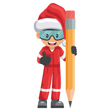 Happy industrial mechanic worker with Santa Claus hat with giant pencil showing thumb up. Creative concept for project management. Merry christmas. Industrial safety and occupational health at work