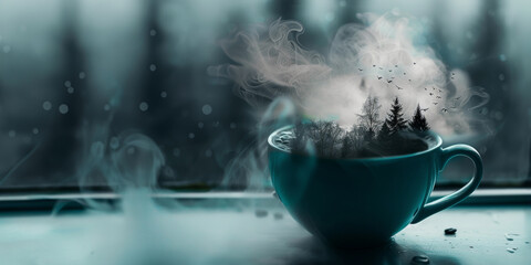 Surreal scene with a steamy teacup forest mirage on a moody day. Panoramic image with copy space.