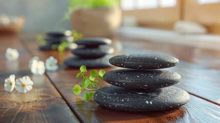 Tranquil Hot Stone Massage Therapy Setup with Aligned Stones for Holistic Wellness and Relaxation