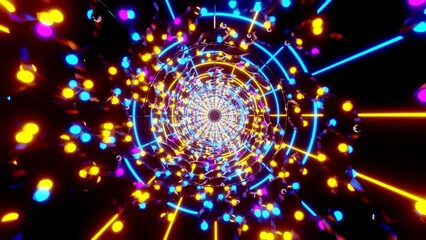Animation of a colorful and vibrant tunnel-like structure with neon pink and blue lights.