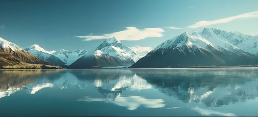 Mountains reflecting in the lake, Cinematic shot of water and snow on the sky. - obrazy, fototapety, plakaty