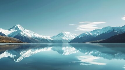 Mountains reflecting in the lake, Cinematic shot of water and snow on the sky.