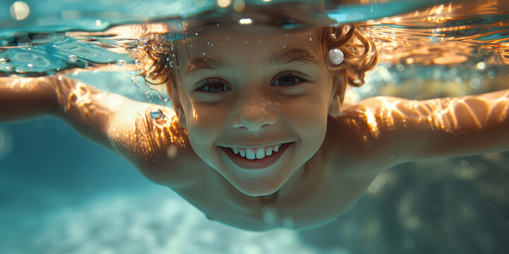 Joyful child swimming underwater, her happiness and innocence underscored by crystal-clear water.