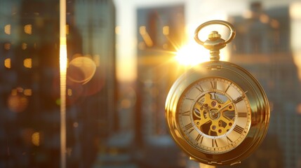 Golden pocket watch emphasizes time against busy financial district. Pocket watch set against financial towers, glowing in sunset.