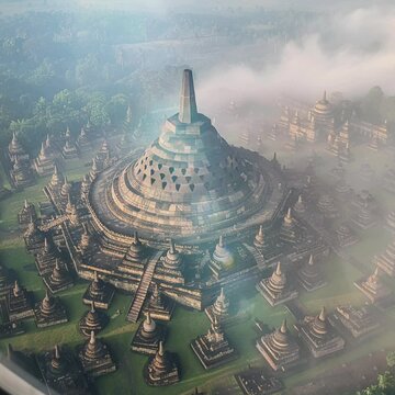 A view of a city from an airplane with a large temple building in the center