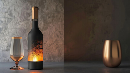 Conjure a wine bottle in a luxurious claret color and a frosted copper glass, promising a decadent experience. - obrazy, fototapety, plakaty