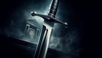 Close-up of a steel, sharp sword held vertically against a dark, foggy background. The sword represents the strength and determination of justice, with a subtle reflection of the courtroom on the blad - obrazy, fototapety, plakaty