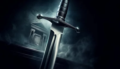Poster Close-up of a steel, sharp sword held vertically against a dark, foggy background. The sword represents the strength and determination of justice, with a subtle reflection of the courtroom on the blad © Jakob