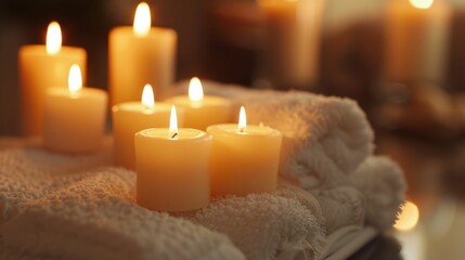 Fototapeta na wymiar Softly Glowing Candles Creating a Tranquil and Peaceful Ambiance in a Cozy Spa Like Setting