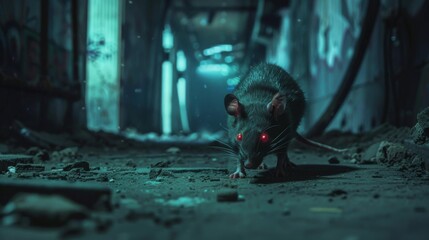 Red-eyed rat foraging on a gloomy underground pathway strewn with debris, in a suspenseful nocturnal setting - obrazy, fototapety, plakaty