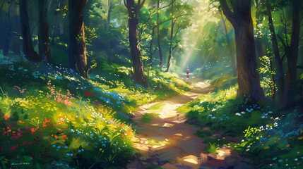 Enchanted forest pathway surrounded by a kaleidoscope of wildflowers and sunlight streaming through trees.