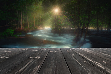 River Water Flow Between Forest Trees with empty wooden batten bridge. Natural template landscape