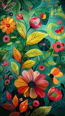 Fotobehang nature-inspired abstract.  Spring blooms. Vibrant green with swirling flowers & playful creatures. perfect wallpaper background for earth day. © Dinusha