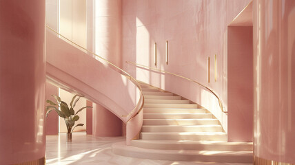 Naklejka premium Crafting a staircase in shades of dusky rose pink, accented with gleaming brass details, for a romantic and elegant look in the lobby.
