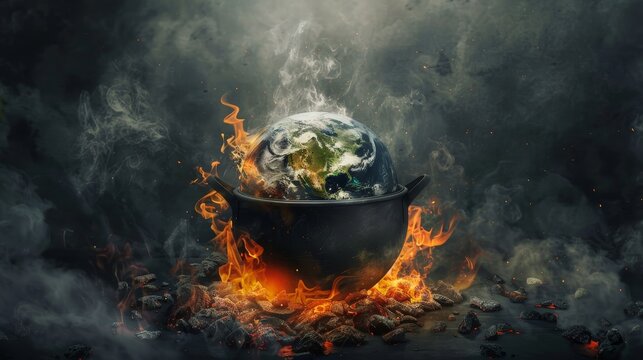 A conceptual art piece with Earth stewing in a pot, flames dancing below, capturing the essence of environmental concern