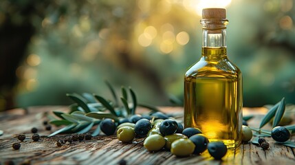 Natural olive oil in a glass bottle. Organic olive oil. Generative Ai