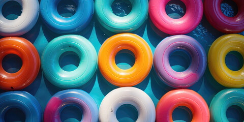 A lot of inflatable rings in the swimming pool sunny day. Summer holiday idyllic. High view from above.