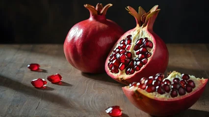 Fotobehang Pomegranate  A Deliciously Ripe Fruit Resting On A table, ripe pomegranate, health benefits of pomegranate, blood increasing fruit © Zakir