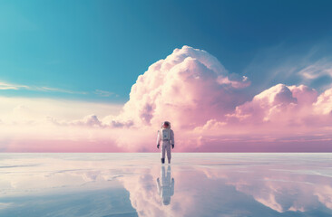 Astronaut standing near the sky, in the style of soft color fields, photo-realistic landscapes. Alien planet landscape with rocky surface and lake.