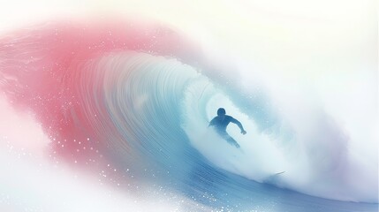 A surfer rides a big wave. The wave is blue and pink and white. The surfer is black. - obrazy, fototapety, plakaty