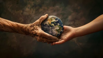 Fotobehang Old and young hands share Earth's weight, a timeless message of environmental inheritance and protection © Thanakrit