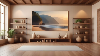 The interior of a cozy yoga room in beige burgundy tones.