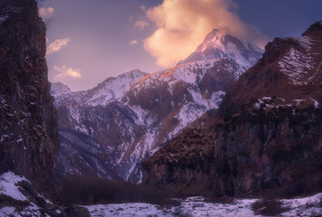 Landscape view of A beautiful scene of misty mountain Kazbek