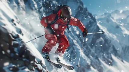Fotobehang An athlete in a ski suit, he plunges down the slopes of a snowy mountain. gopro camera, in a photo journalism. For sport, snow, skiing © horizor