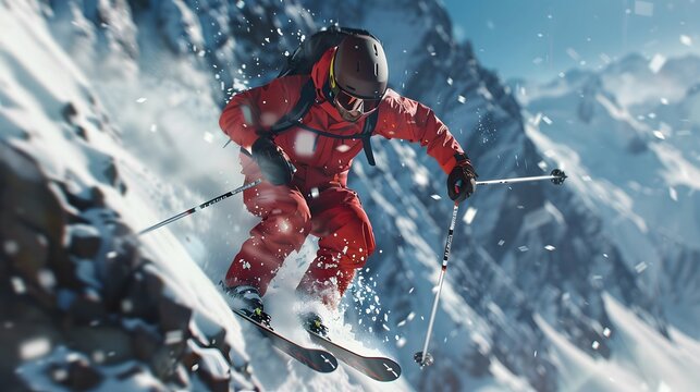 An athlete in a ski suit, he plunges down the slopes of a snowy mountain. gopro camera, in a photo journalism. For sport, snow, skiing