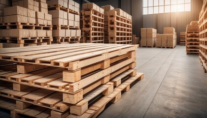 An industrial warehouse with high ceilings stocked with neatly stacked wooden pallets, awaiting transportation or storage. AI Generation. AI Generation - obrazy, fototapety, plakaty