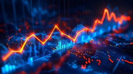 Stock Market Trends, Glowing in Blue and Purple Neon, Showcased with Dynamic Perspective and Depth in Financial Illustration.