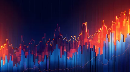 Fotobehang Stock Market Trends, Glowing in Blue and Purple Neon, Showcased with Dynamic Perspective and Depth in Financial Illustration. © horizor
