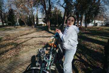 Active woman in casual attire with bicycle enjoying music in park.