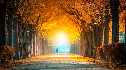 Light at the end of the tunnel of tree tunnel in autumn and walkway in yellow tree tunnel South...