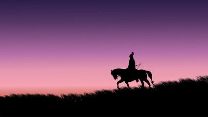 Obraz na płótnie Canvas Mongolian soldier on horseback, flat color illustration