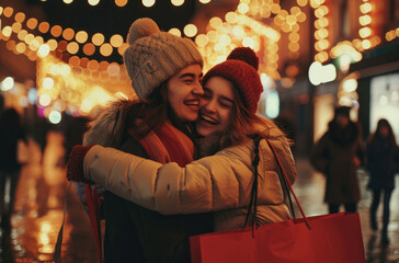 Two happy young women shopping in the city, holding bags and smiling at each other during Christmas...