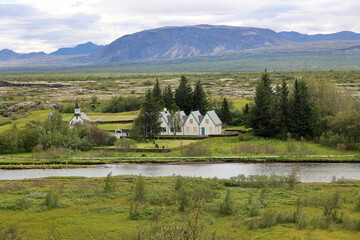 Fototapeta premium The church of Thingvellir and the Prime Minister Summer residence- Iceland