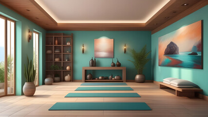 The interior of a cozy yoga room in turquoise tones.