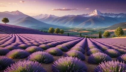 A breathtaking sunset over vibrant lavender fields with a dramatic mountain range in the background.. AI Generation. AI Generation - obrazy, fototapety, plakaty
