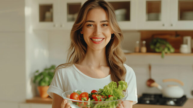 A happy young beautiful woman or girl holding a bowl of fresh organic green vegetable salad in a light kitchen. Eating healthy food. Concept of Diet, Fitness, Healthy lifestyle, vegetarianism. 