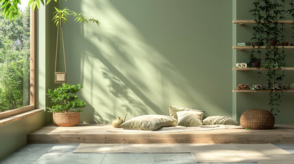 Crafting a serene, sage green and wood-toned meditation space with cozy floor seating and natural textures.