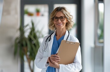 Portrait of beautiful mature woman doctor looking at camera in background at hospital or clinic 