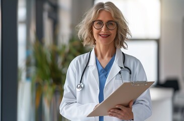 Portrait of beautiful mature woman doctor looking at camera in background at hospital or clinic 