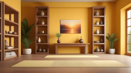 The interior of a cozy yoga room in yellow tones.