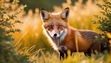 Obraz premium A majestic fox stands alert in a golden field, its piercing gaze and striking orange fur illuminated by the sunset. AI Generation