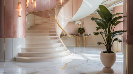 Crafting a staircase in shades of soft blush pink, accented with gold leaf detailing, for a glamorous and feminine look in the lobby. - obrazy, fototapety, plakaty